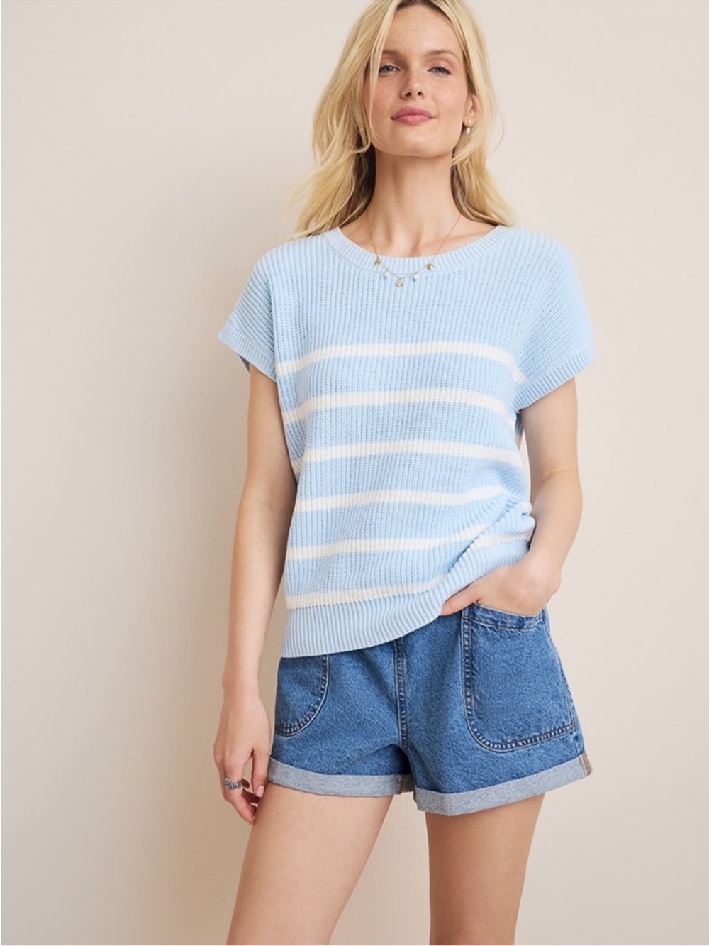 Francesca's Collections Light Blue & White Striped Knit Short Sleeve Top